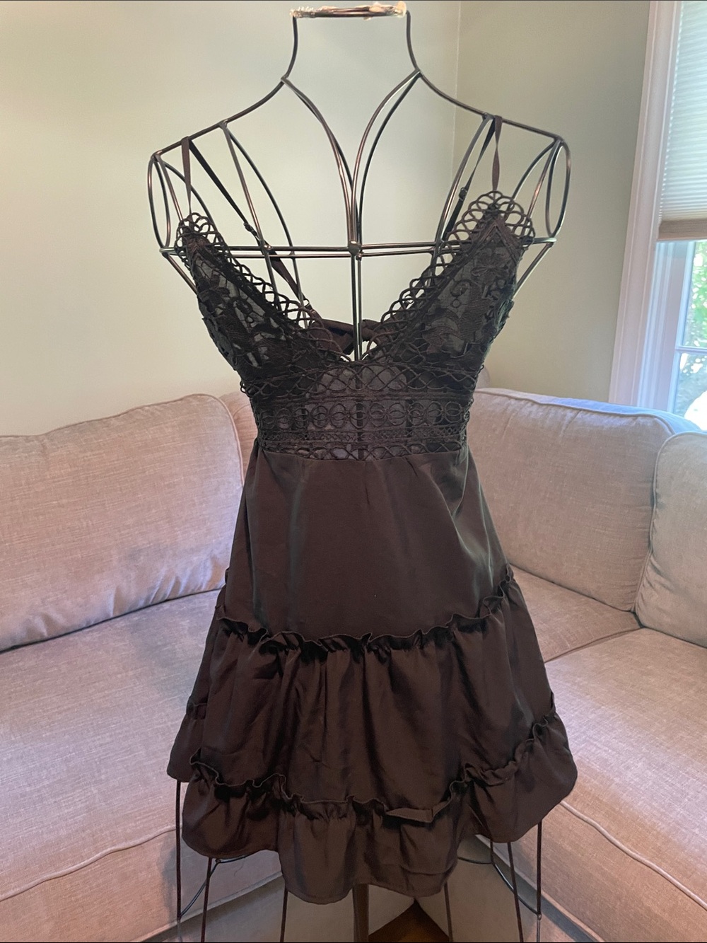 SHEIN Black Lace V-Neck Ruffle Chemise